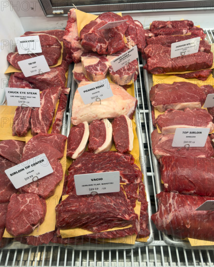 Raw meat display case, Dickson's Farmstand Meats, Chelsea Market, Chelsea, Manhattan, New York City, New York, USA