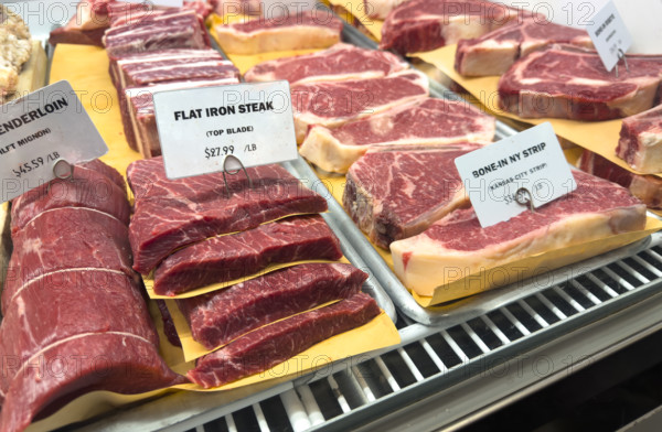 Raw meat display case, Dickson's Farmstand Meats, Chelsea Market, Chelsea, Manhattan, New York City, New York, USA