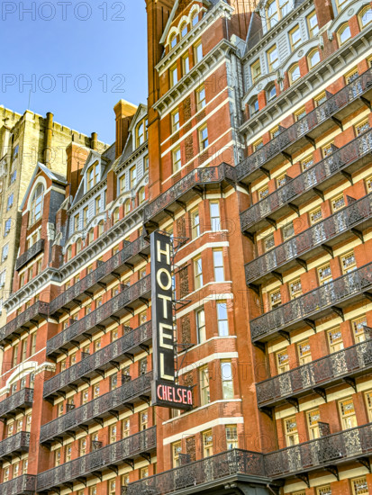 Hotel Chelsea luxury hotel and residential apartment building, building exterior, 222 West 23rd Street, Chelsea, Manhattan, New York City, New York, USA
