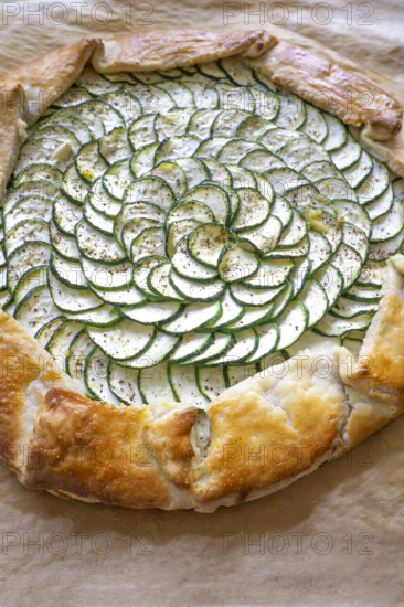 High angle view of zucchini and ricotta galette