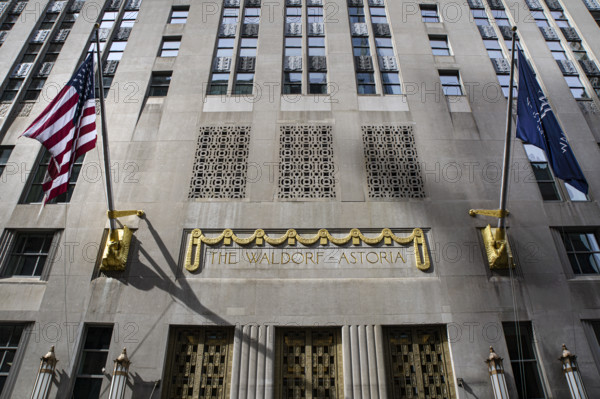 The Waldorf Astoria, luxury hotel and condominium residence, building exterior detail, Lexington Avenue, Manhattan, New York City, New York, USA