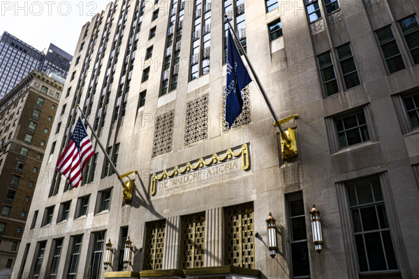 The Waldorf Astoria, luxury hotel and condominium residence, building exterior detail, Lexington Avenue, Manhattan, New York City, New York, USA