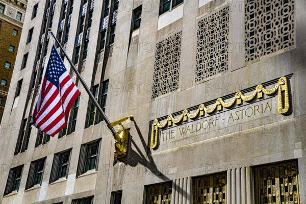 The Waldorf Astoria, luxury hotel and condominium residence, building exterior detail, Lexington Avenue, Manhattan, New York City, New York, USA