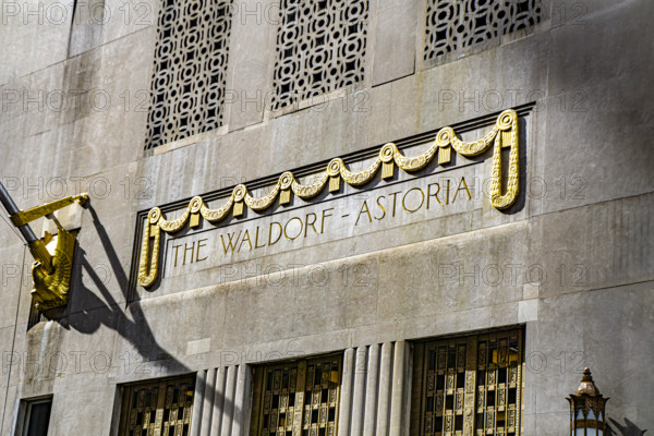 The Waldorf Astoria, luxury hotel and condominium residence, building exterior detail, Lexington Avenue, Manhattan, New York City, New York, USA