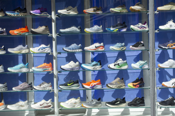 Sneakers window display, Paragon Sporting Goods Company, 867 Broadway, Manhattan, New York City, New York, USA