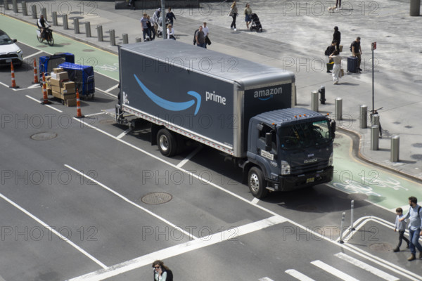 Amazon Prime delivery truck parked on urban street, Hudson Yards, Manhattan, New York City, New York, USA
