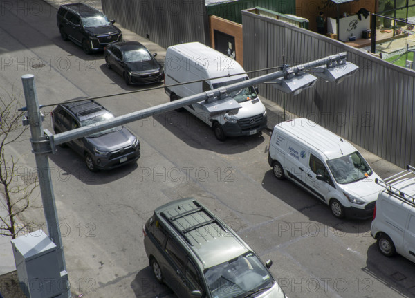 High angle view of congestion pricing scanners and urban street scene, Hudson Yards, New York City, New York, USA