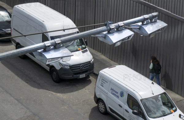 High angle view of congestion pricing scanners and urban street scene, Hudson Yards, New York City, New York, USA