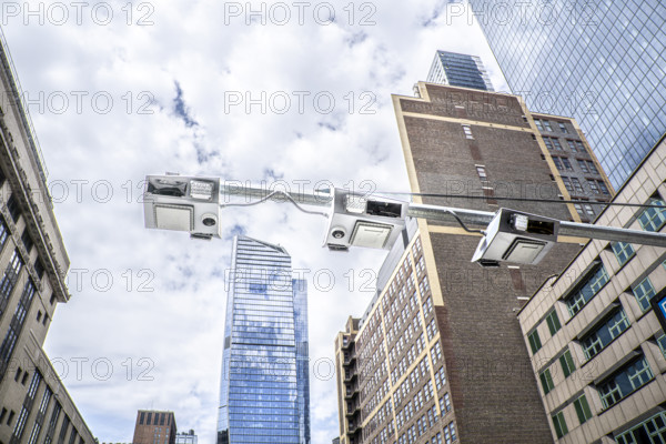 Low angle view of congestion pricing scanners with cityscape in background, Hudson Yards, New York City, New York, USA