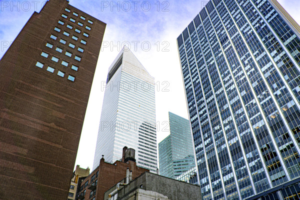 Midtown Manhattan cityscape featuring Citigroup Center office building (center), low angle view, New York City, New York, USA
