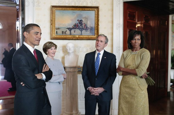 U.S. President George W. Bush and U.S. First Lady Laura Bush hosting coffee for U.S. President-elect Barack Obama and Michelle Obama at the White House before Inauguration ceremonies, Washington, D.C., USA, Pete Souza, Office of White House Photography, January 20, 2009