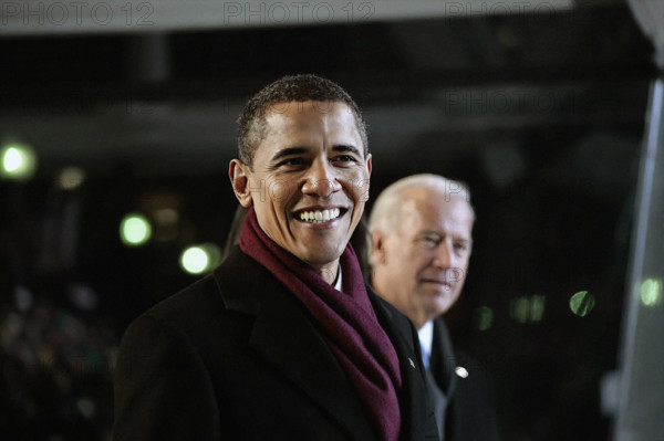U.S. President Barack Obama  and U.S. Vice President Joe Biden watching Inaugural Parade from reviewing stand on Pennsylvania Avenue, Washington, D.C., USA, Pete Souza, Office of White House Photography, January 20, 2009