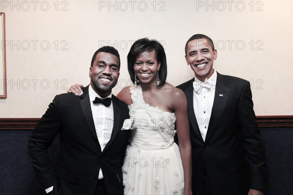U.S. President Barack Obama and U.S. First Lady Michelle Obama greet American performer Kanye West backstage at Youth Inaugural Ball, Washington Hilton Hotel, Washington, D.C., USA, Pete Souza, Office of White House Photography, Jan. 20, 2009,
