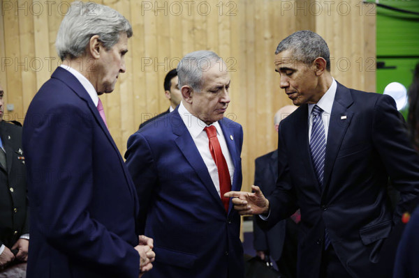 U.S. President Barack Obama with Prime Minister Benjamin Netanyahu of Israel, and U.S. Secretary of State John Kerry following opening ceremony of 21st Conference of the Parties to the United Nations Framework Convention on Climate Change (COP21), Parc des Expositions du Bourget, Le Bourget, Paris, France, Pete Souza, Office of White House Photography, November 30, 2015