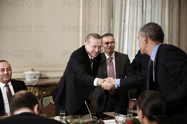 U.S. President Barack Obama shaking hands with President Recep Tayyip Erdogan of Turkey during bilateral meeting, U.S. Chief of Mission's Residence, Paris, France, Pete Souza, Office of White House Photography, December 1, 2015