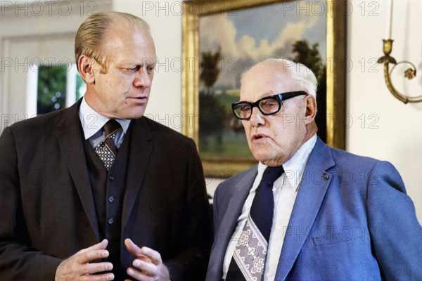 U.S. President Gerald Ford meeting with AFL-CIO President George Meany, White House Oval Office, Washington, D.C., USA, Gerald R. Ford White House Photographs, August 13, 1974