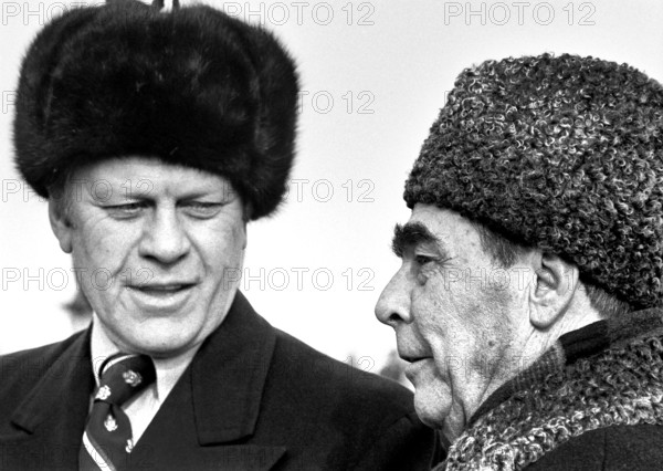President Gerald R. Ford with Soviet General Secretary Leonid Brezhnev upon Ford's Arrival at Vozdvizhenka Air Base, near Vladivostok, U.S.S.R., Gerald R. Ford White House Photographs, November 24, 1974