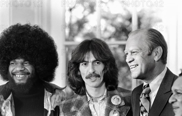 U.S. President Gerald R. Ford with American musician Billy Preston and English musician George Harrison in White House Oval Office, Washington, D.C., USA, Gerald R. Ford White House Photographs, December 13, 1974
