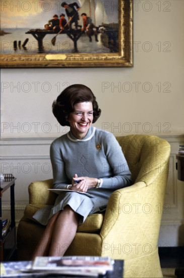 U.S. First Lady Betty Ford, seated portrait in White House West Sitting Hall, Washington, D.C., USA, Gerald R. Ford White House Photographs, January 28, 1975
