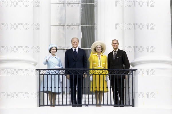 U.S. President Gerald R. Ford and U.S. First Lady Betty Ford standing with Queen Elizabeth II and Prince Philip of Great Britain on White House Truman balcony following state arrival ceremony, Washington, D.C., USA, Gerald R. Ford White House Photographs, July 7, 1976