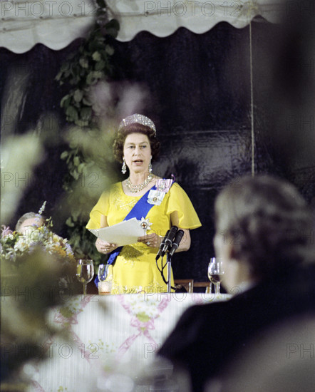 Queen Elizabeth II of Great Britain delivering remarks at a State Dinner honoring Her Majesty and Prince Philip, Washington, D.C., USA, Gerald R. Ford White House Photographs, July 7, 1976