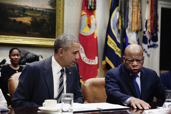 U.S. President Barack Obama with U.S. Congressman John Lewis during meeting with civil rights leaders in White House Roosevelt Room, Washington, D.C., USA, Pete Souza, Office of White House Photography Office, February 18, 2016