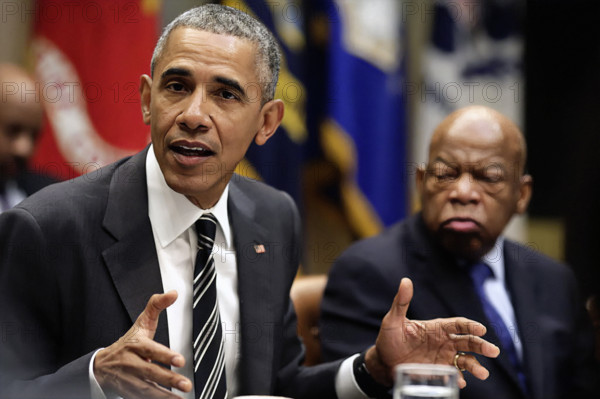 U.S. President Barack Obama with U.S. Congressman John Lewis during meeting with civil rights leaders in White House Roosevelt Room, Washington, D.C., USA, Pete Souza, Office of White House Photography Office, February 18, 2016
