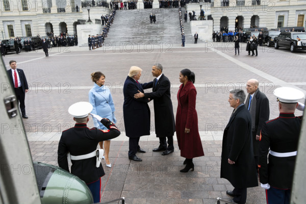 Former U.S. President Barack Obama and former U.S. First Lady Michelle Obama bid farewell to U.S. President Donald Trump and U.S. First Lady Melania Trump at the steps of the Executive One helicopter after swearing-in ceremony at the U.S. Capitol, Washington, D.C., USA, Pete Souza, Office of White House Photography, January 20, 2017