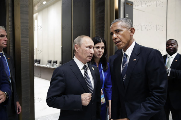 U.S. President Barack Obama talking with President Vladimir Putin of Russia following their meeting on the sidelines of the G20 Summit, Hangzhou International Expo Center, Hangzhou, Peoples Republic of China, Pete Souza, Office of White House Photography, September 5, 2016