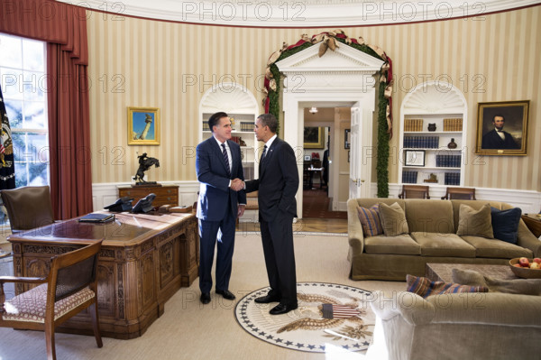 U.S. President shaking hands with former Massachusetts governor Mitt Romney following their lunch, White House Oval Office, Washington, D.C., USA, Pete Souza, Office of White House Photography, November 29, 2012