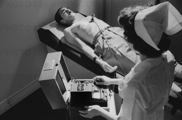 Nurse taking electrocardiogram of male patient, Warren K. Leffler, U.S. News & World Report Magazine Photograph Collection, October 30, 1958