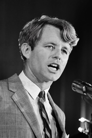 New York Senator Robert F. Kennedy of New York, speaking at a microphone at a United States Chamber of Commerce luncheon, Washington, D.C., USA, Marion S. Trikosko, U.S. News & World Report Magazine Photograph Collection, October 3, 1967