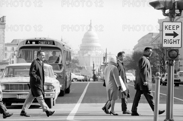 Pedestrians crossing Pennsylvania Avenue with view of U.S. Capitol Building in background, Washington, D.C., USA, Warren K. Leffler, U.S. News & World Report Magazine Photograph Collection, December 9, 1968