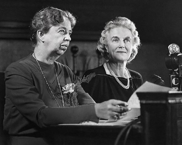 U.S. First Lady Eleanor Roosevelt and Clementine Churchill, wife of British Prime Minister Winston Churchill, during a radio broadcast at the Second Quebec Conference, Quebec City, Quebec, Canada, Franklin D. Roosevelt Presidential Library & Museum, September 14, 1944