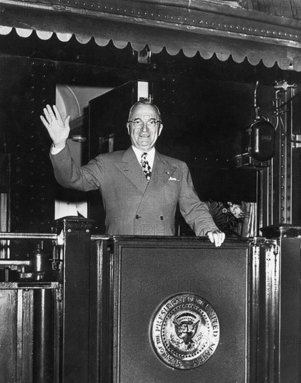U.S. President Harry S. Truman waving from rear platform of train as he begins his 1948 Presidential Campaign tour, Washington, D.C., USA, Abbie Rowe, National Parks Service, Harry S. Truman Library, June 3, 1948