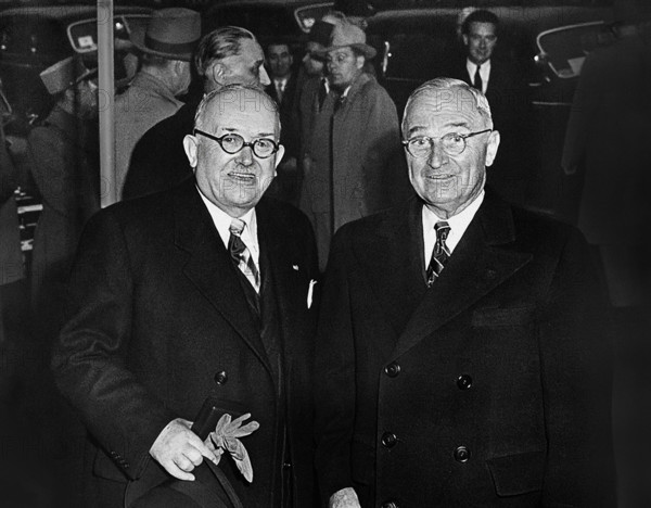 President of France Vincent Auriol (left) and U.S. President Harry S. Truman arriving at Blair House during President Auriol's visit to Washington, D.C., USA, Abbie Rowe, National Parks Service, Harry S. Truman Library, February 28, 1951
