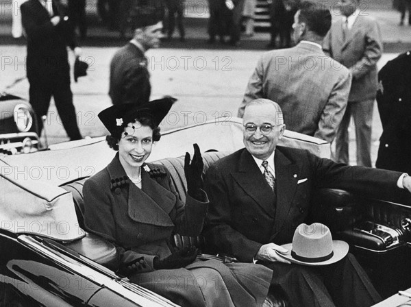 Princess Elizabeth (left) and U.S. President Harry S. Truman leaving Washington National Airport for the Blair House, Washington, D.C., USA, Abbie Rowe, National Parks Service, Harry S. Truman Library, October 31, 1951