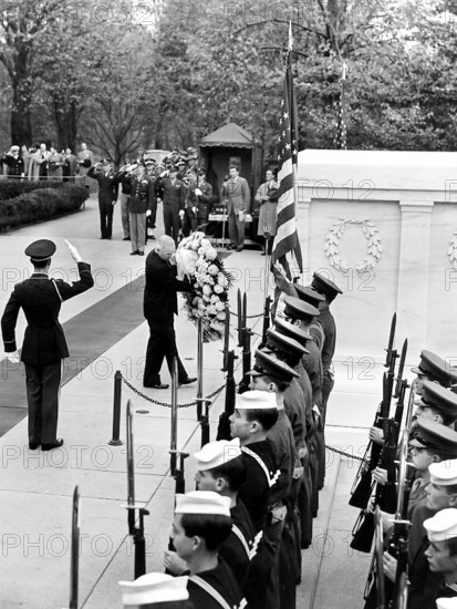U.S. President Harry S. Truman placing wreath at Tomb of the Unknown Soldier, Arlington National Cemetery, Arlington, Virginia, USA, Abbie Rowe, National Parks Service, Harry S. Truman Library, November 11, 1945