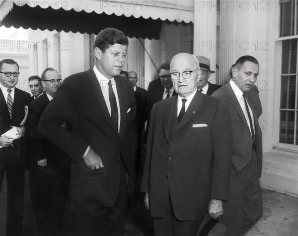 U.S. President John F. Kennedy with former U.S. President Harry S. Truman in front of White House, Washington, D.C., USA, Abbie Rowe, National Parks Service, Harry S. Truman Library, February 13, 1962