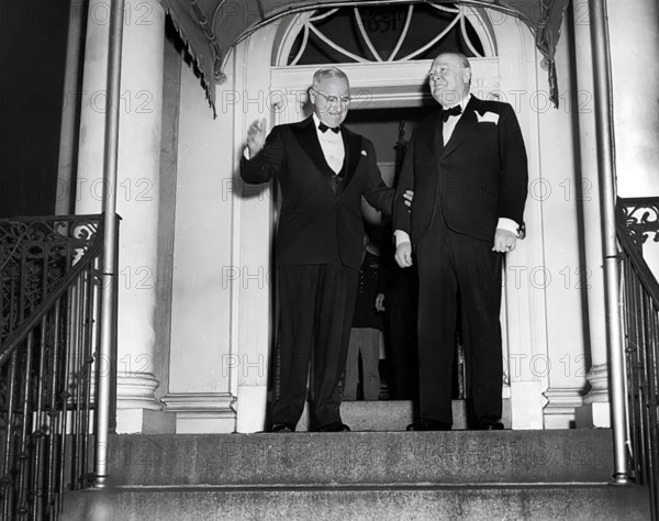 U.S. President Harry S. Truman (left) and British Prime Minister Winston Churchill (right) standing outside Blair House, Washington, D.C., USA, Abbie Rowe, National Parks Service, Harry S. Truman Library, March 24, 1949