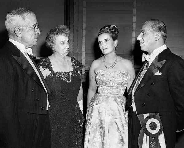 U.S. President Harry S. Truman and U.S. First Lady Bess W. Truman President Gabriel Gonzalez Videla of Chile and his wife Rosa Gonzalez Videla before dinner reception in honor of the Chilean President's visit, Washington, D.C., USA, Abbie Rowe, National Parks Service, Harry S. Truman Library, April 14, 1950