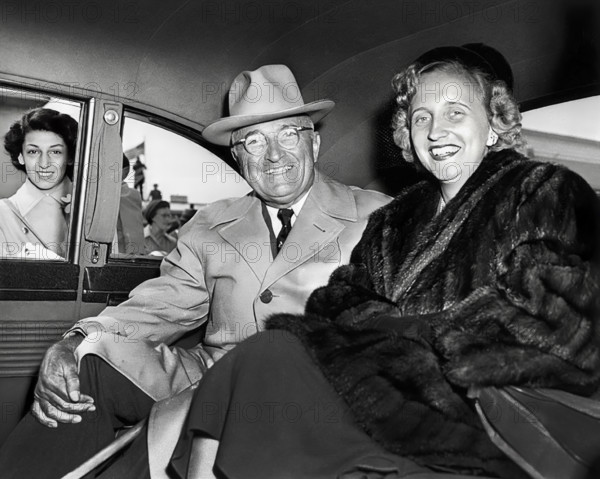 U.S. President Harry S. Truman with daughter Margaret Truman after returning from trip to Key West, Florida, Washington, D.C., USA, Abbie Rowe, National Parks Service, Harry S. Truman Library, April 10, 1950