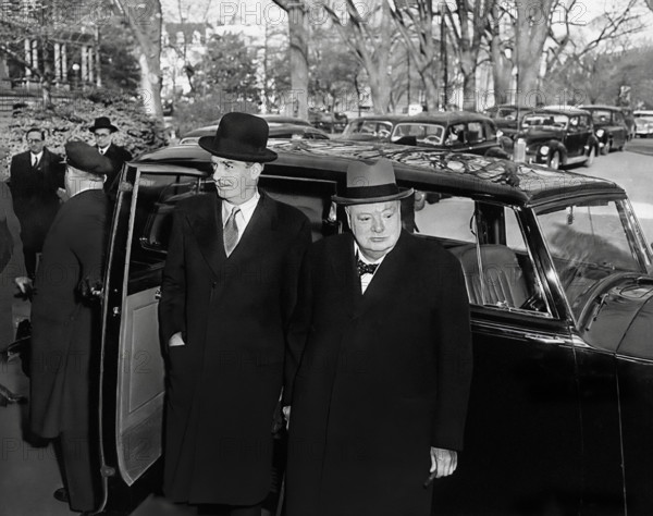 British Prime Minister Winston Churchill (right) and British Foreign Secretary Anthony Eden exiting car, Washington, D.C., USA, Abbie Rowe, National Parks Service, Harry S. Truman Library, January 5, 1952