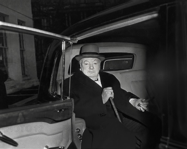 British Prime Minister Winston Churchill sitting in car, Washington, D.C., USA, Abbie Rowe, National Parks Service, Harry S. Truman Library, January 5, 1952