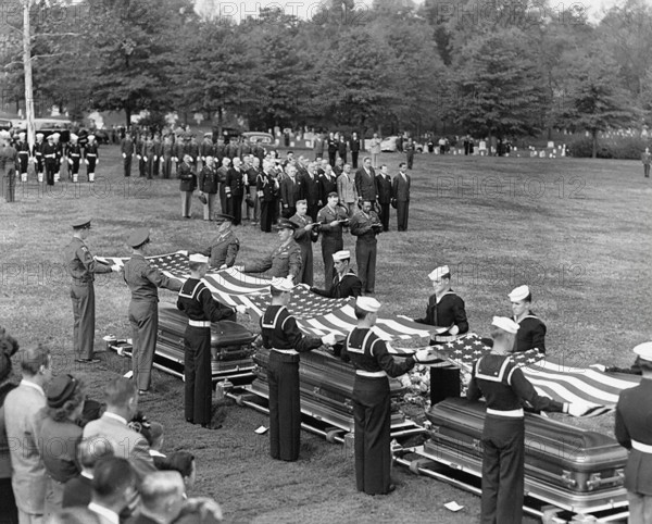 U.S. President Harry S. Truman with other government and military dignitaries attending burial of twenty soldiers, which were first war dead returned to be buried in the United States, Arlington National Cemetery, Arlington, Virginia, USA, Abbie Rowe, National Parks Service, Harry S. Truman Library, October 30, 1947