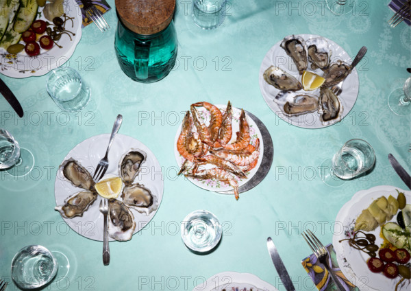 High angle view of dining table featuring plates of oysters and prawns with glasses of water and tableware