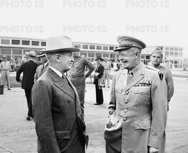 U.S. President Harry S. Truman (left) with U.S. General Dwight Eisenhower (right), National Airport, National Airport, Washington, D.C., USA, Abbie Rowe, National Parks Service, Harry S. Truman Library, June 19, 1945