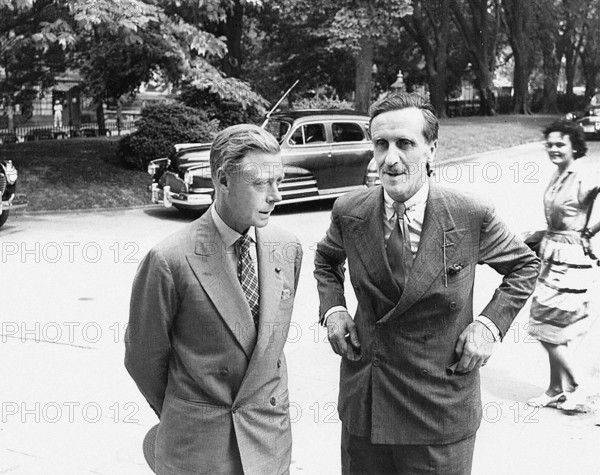 Duke of Windsor, formerly King Edward VIII, and British diplomat Sir John Balfour arriving at White House on the date of the announcement of the Japanese surrender ending World War II, Washington, D.C., USA, Abbie Rowe, National Parks Service, Harry S. Truman Library, August 14, 1945