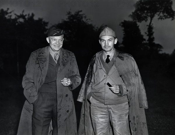 U.S. General Dwight D. Eisenhower with U.S. Secretary of the Navy James V. Forrestal following their meeting at Allied Commander's advance headquarters, Normandy, France, U.S. Army Signal Corps, August 21, 1944