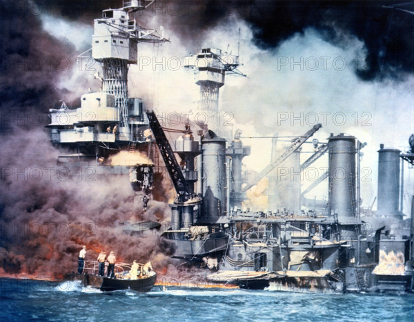 Thick smoke rolling out of burning ship during Imperial Japanese Navy's First Air Fleet attack on Pearl Harbor, Hawaii, U.S. Army Signal Corps, December 7, 1941